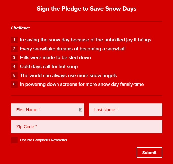 A screenshot from the SaveTheSnowDay.com website, which shows the pledge sign up form.